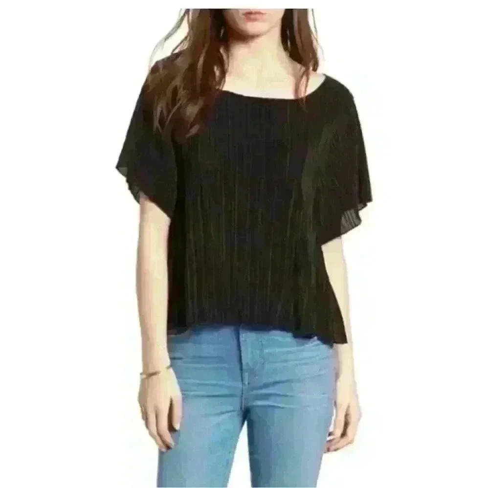 MADEWELL WOMEN'S BLACK SHORT SLEEVE TEXTURE & THREAD MICROPLEAT TOP XXS